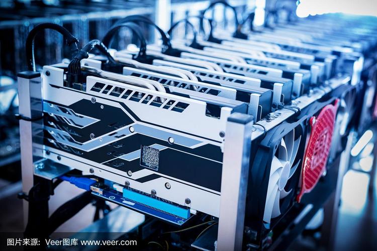 A rack of powerful Bitcoin mining rigs operating in a large mining farm.